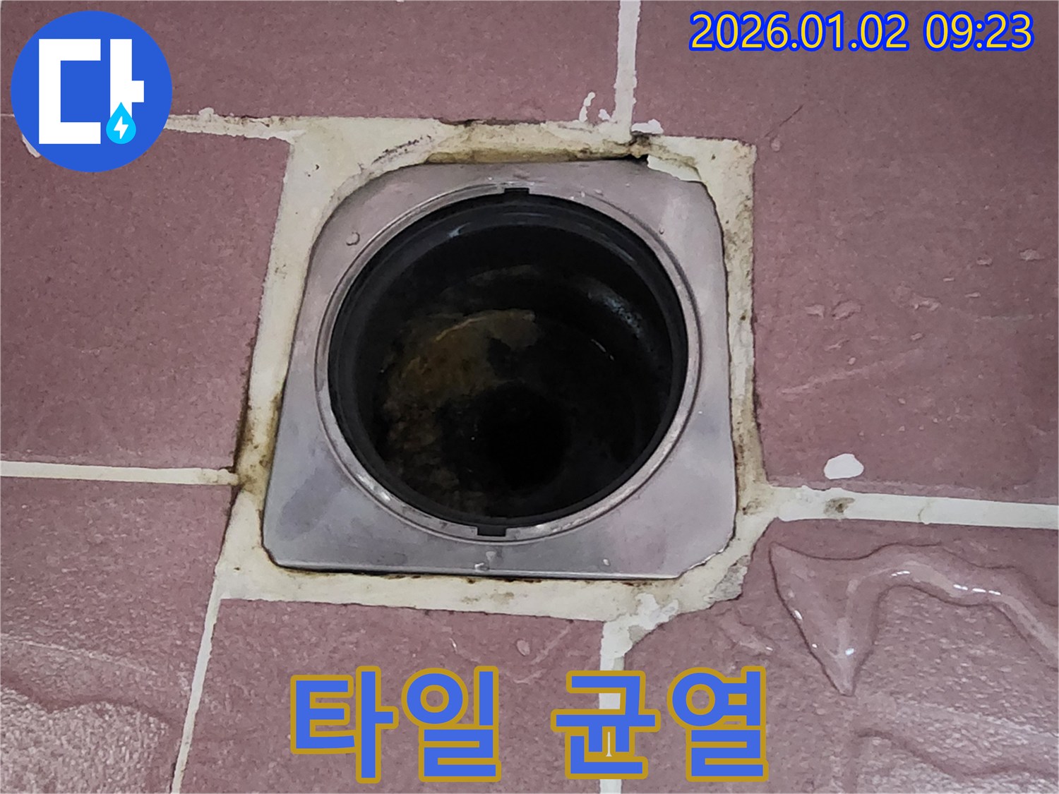 상계9동 누수 - 욕실 배수구 주변 누수, 주변 타일 균열 상태 확인