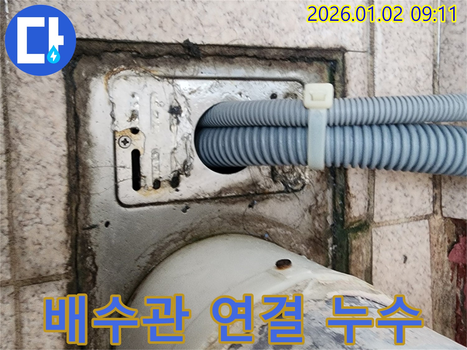 세탁기 배수구 주변 배수관 연결 불량으로 인한 누수 - 노원구 상계9동 누수 전문가가 튼튼하게 재연결했습니다.