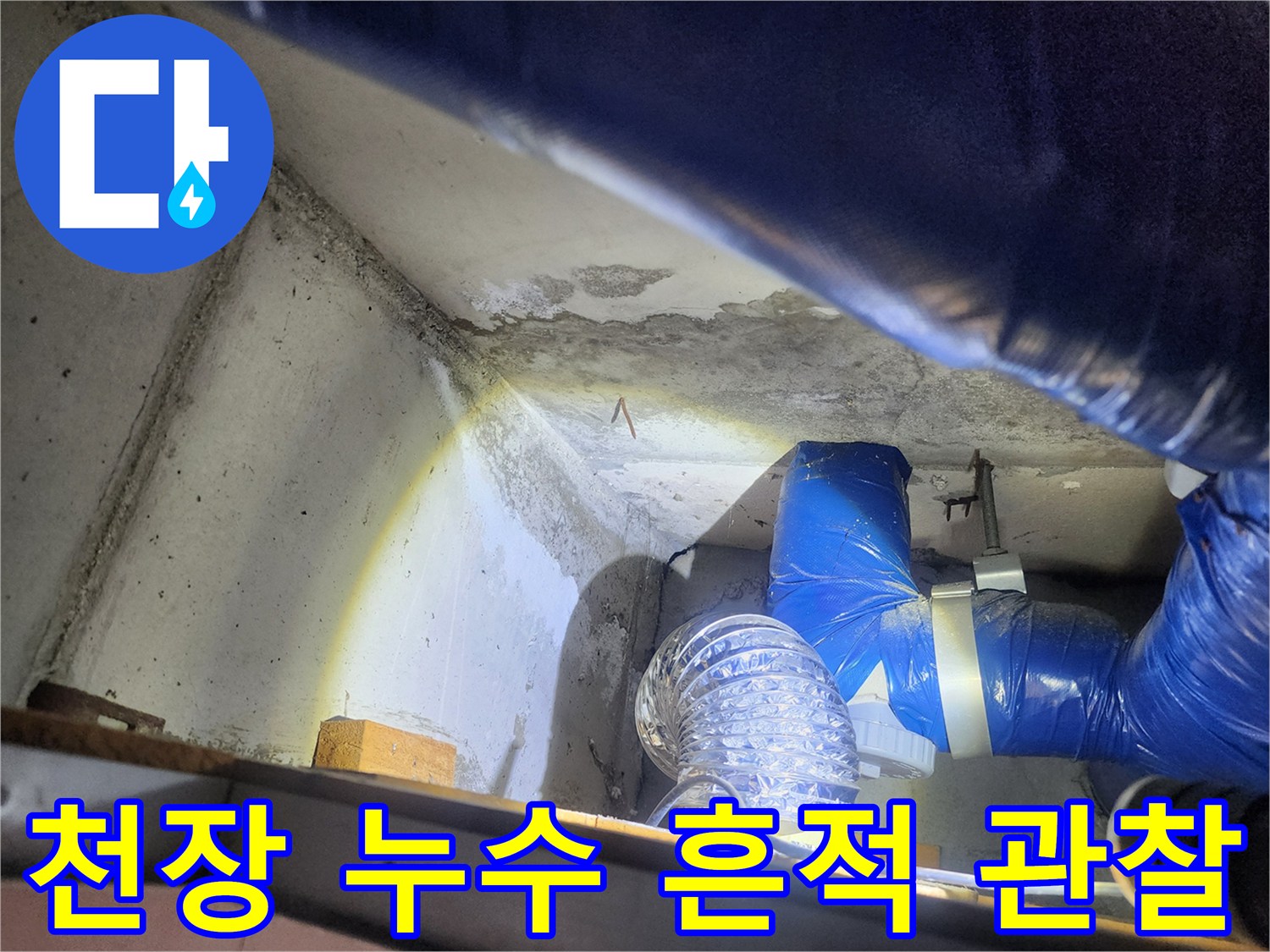 습기가 머금어진 천장 콘크리트와 파란색 배관 구조물