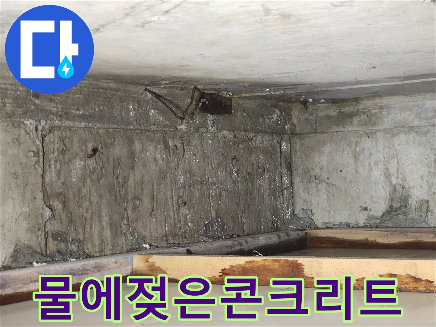 습기가 가득한-천장 내부의 콘크리트 벽면과 목재 구조물