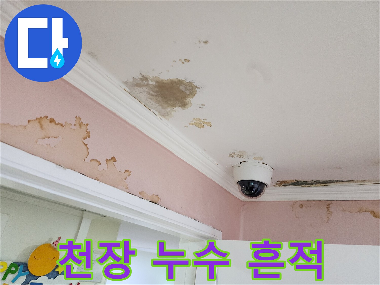 천장 몰딩 주변의 심한 누수 얼룩과 변색 부위
