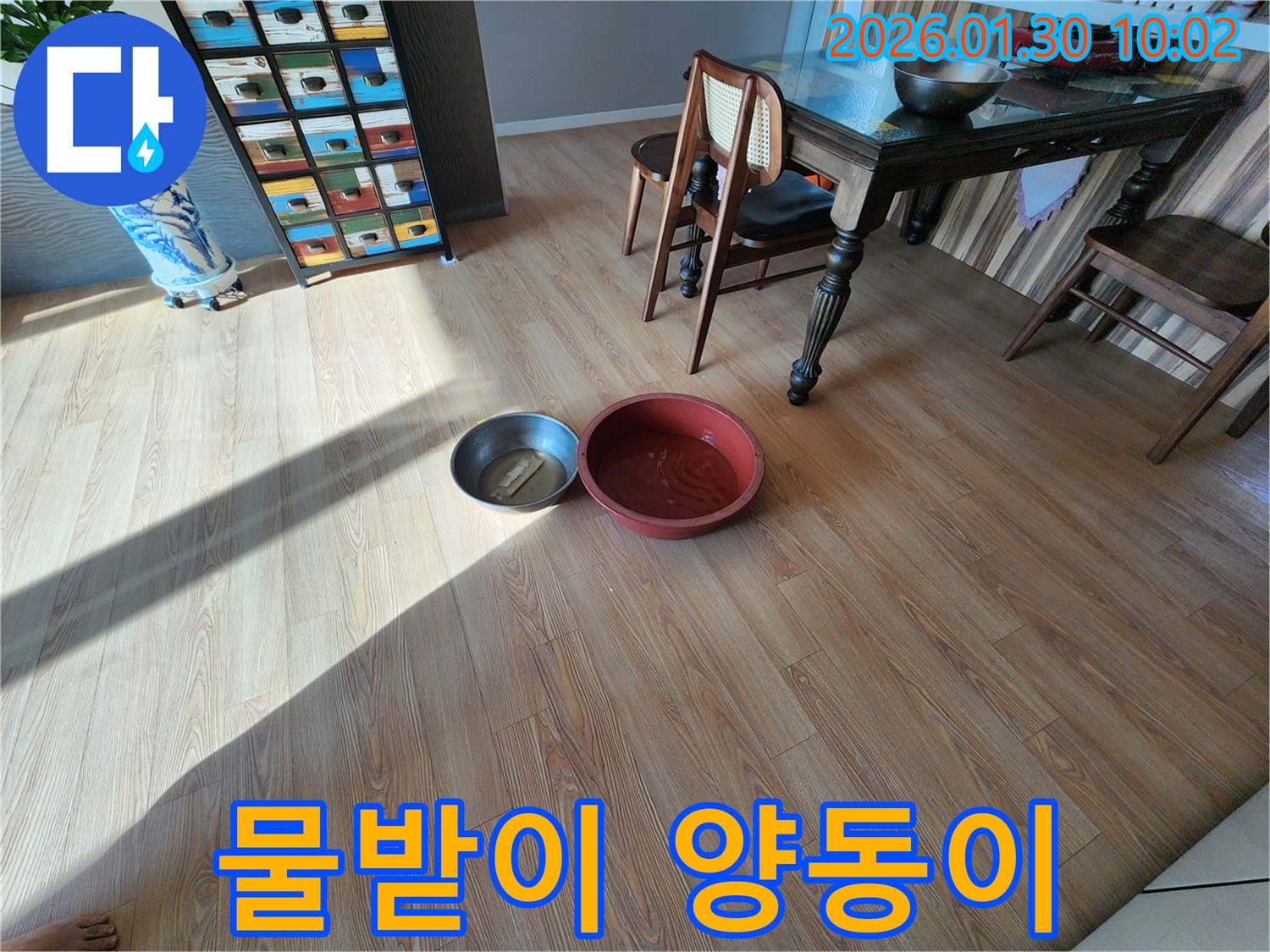 2층 천장 누수로 인한 물받이 양동이 - 고통스러운 현실을 보여줍니다.