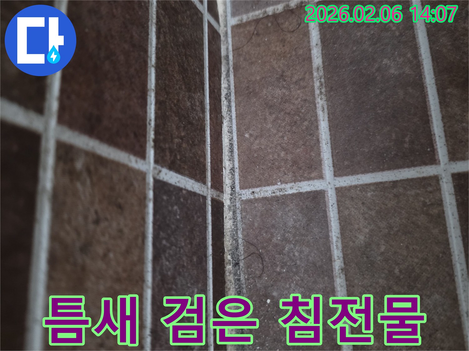 타일 틈새에-누수로 인해-발생한-검은 침전물과-오염을-보여주는-사진입니다