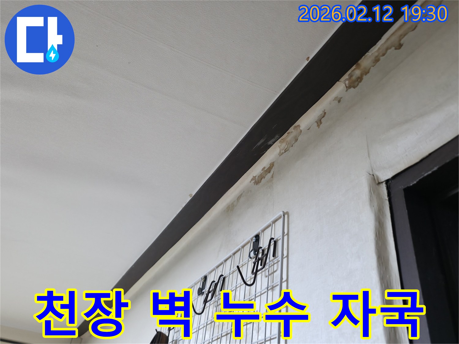 천장과-벽면-경계에-오래된-누수로-인한-얼룩과-벽지-손상이-확인되는-모습