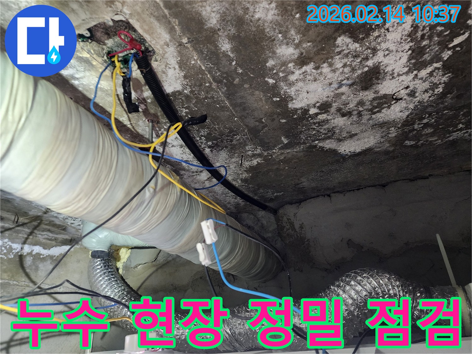 습기로-오염된-천장-아래-배관-및-전선-밀집-구간-확인