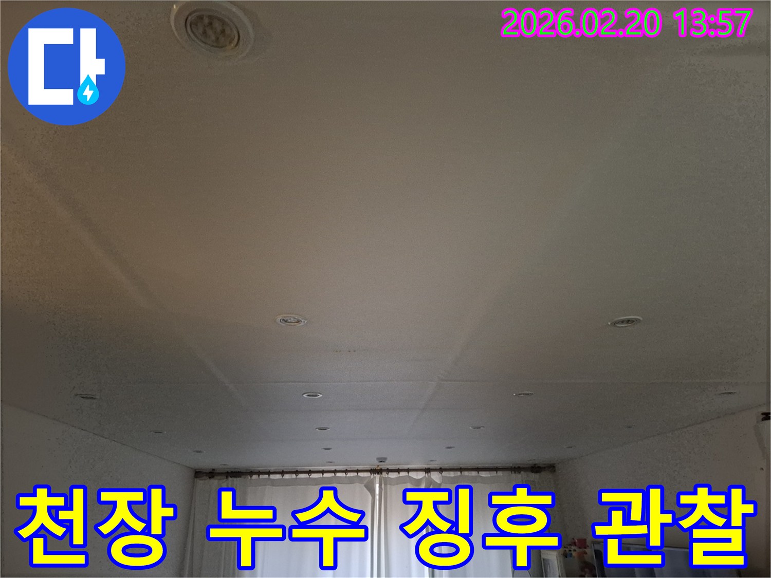 천장에서 발견된-누수 징후를-전문가가-육안으로 관찰하는-모습입니다