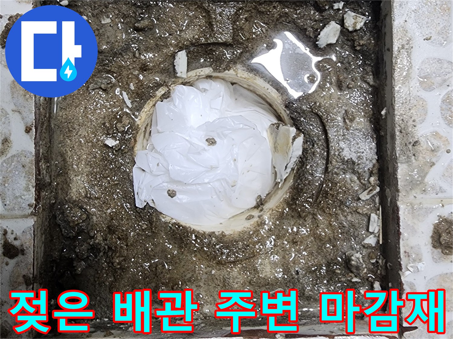 배수구 유가 내부와 주변 타일 틈새의 습기를 보여주는 사진