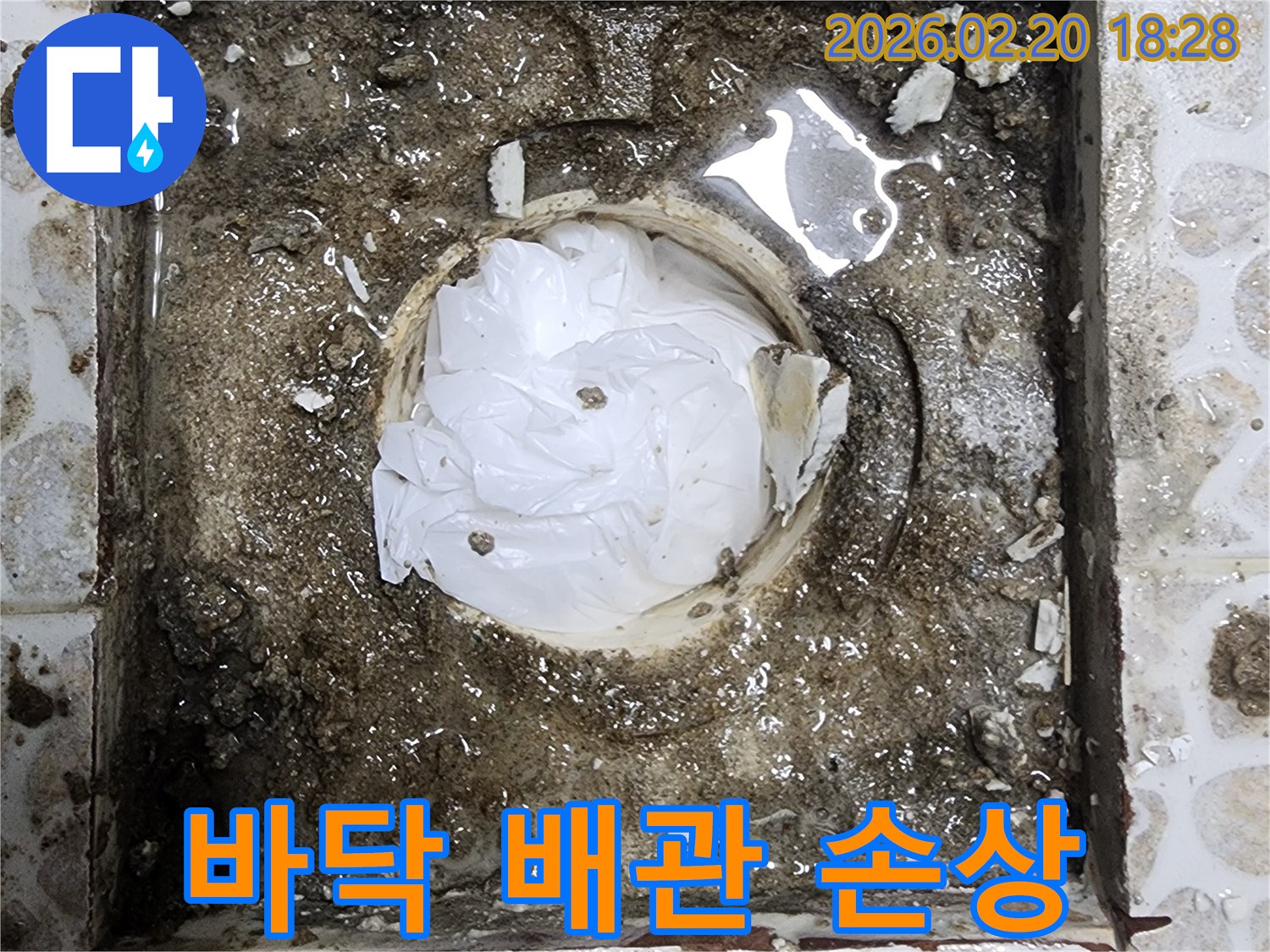 아파트 욕실 바닥 배수구의-배관이 손상되어 오염되고-물이 고여있는-누수 현장 이미지입니다.