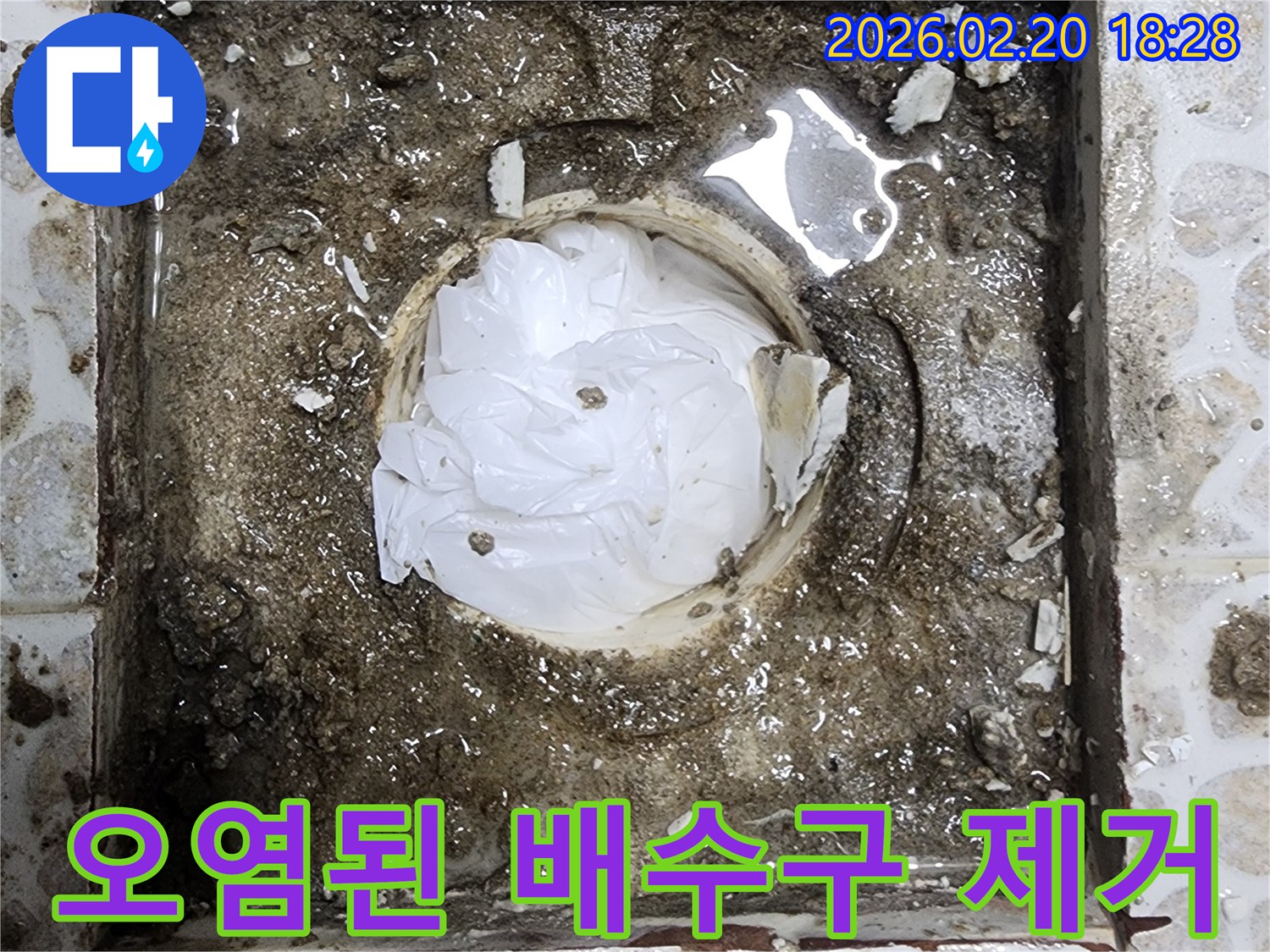 아파트 욕실 배수구가-심하게 오염되고 이물질로 막혀-물이 고여있는-청소 전 현장입니다.