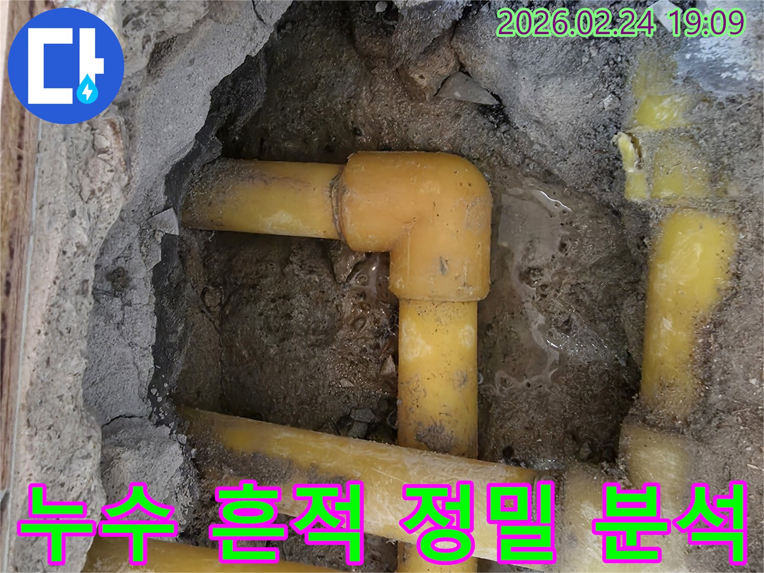서초구-반포동-빌라의-누수-현장에서-발견된-배관-주변의-젖은-흙과-누수-흔적