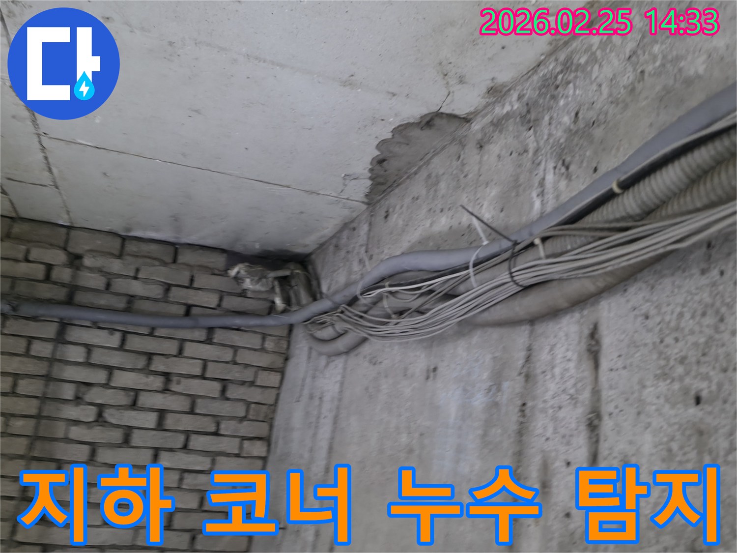 건물 지하의-콘크리트 천장과-벽이 만나는-코너에서-발견된-오래된 물샘의-흔적과-복잡하게 얽힌 배관 및 전선