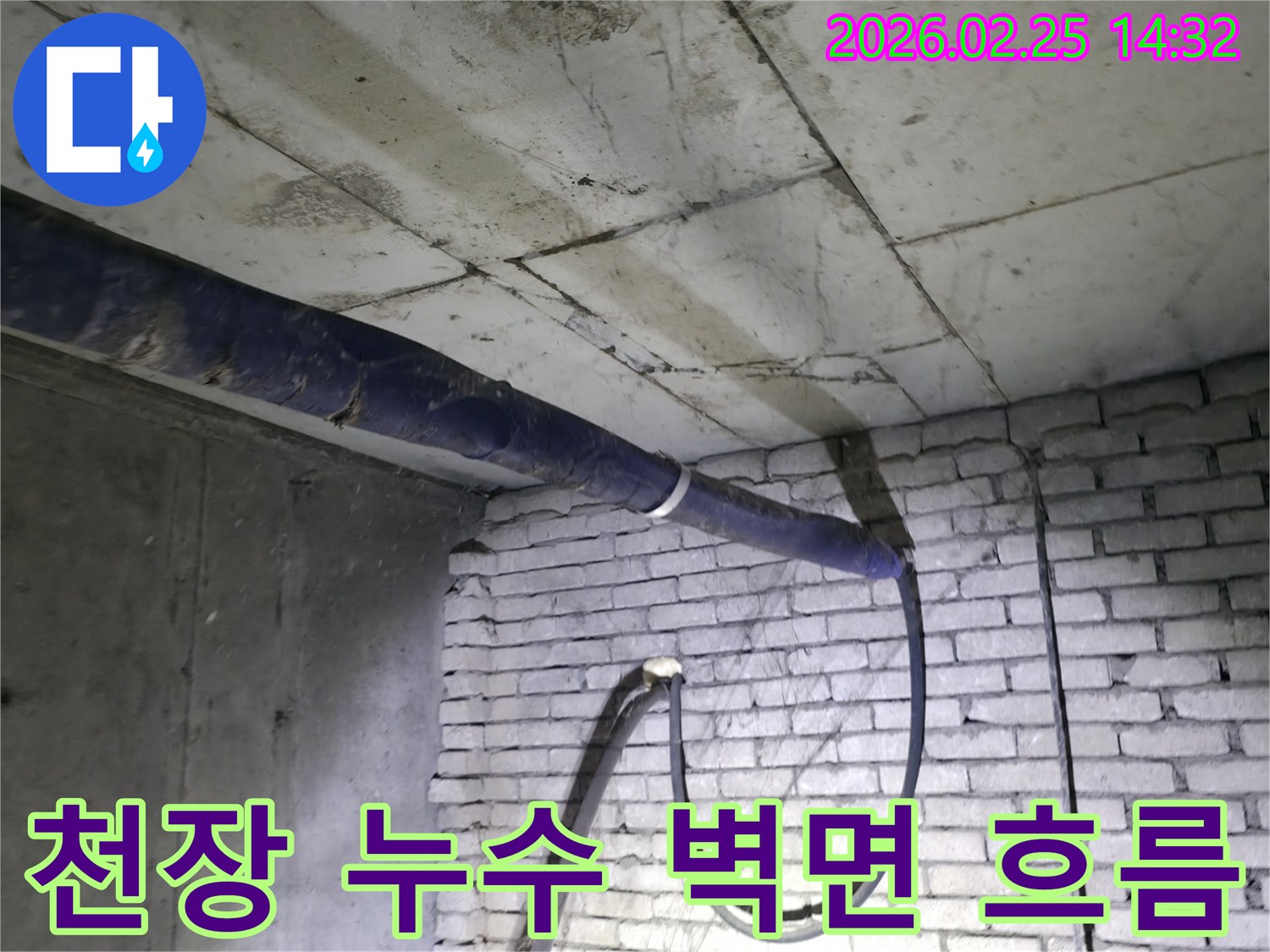 지하 천장에서-시작되어 벽면으로-물이 흘러내리는 현상을-전문가가 면밀히 관찰하며-원인을 규명하는 모습