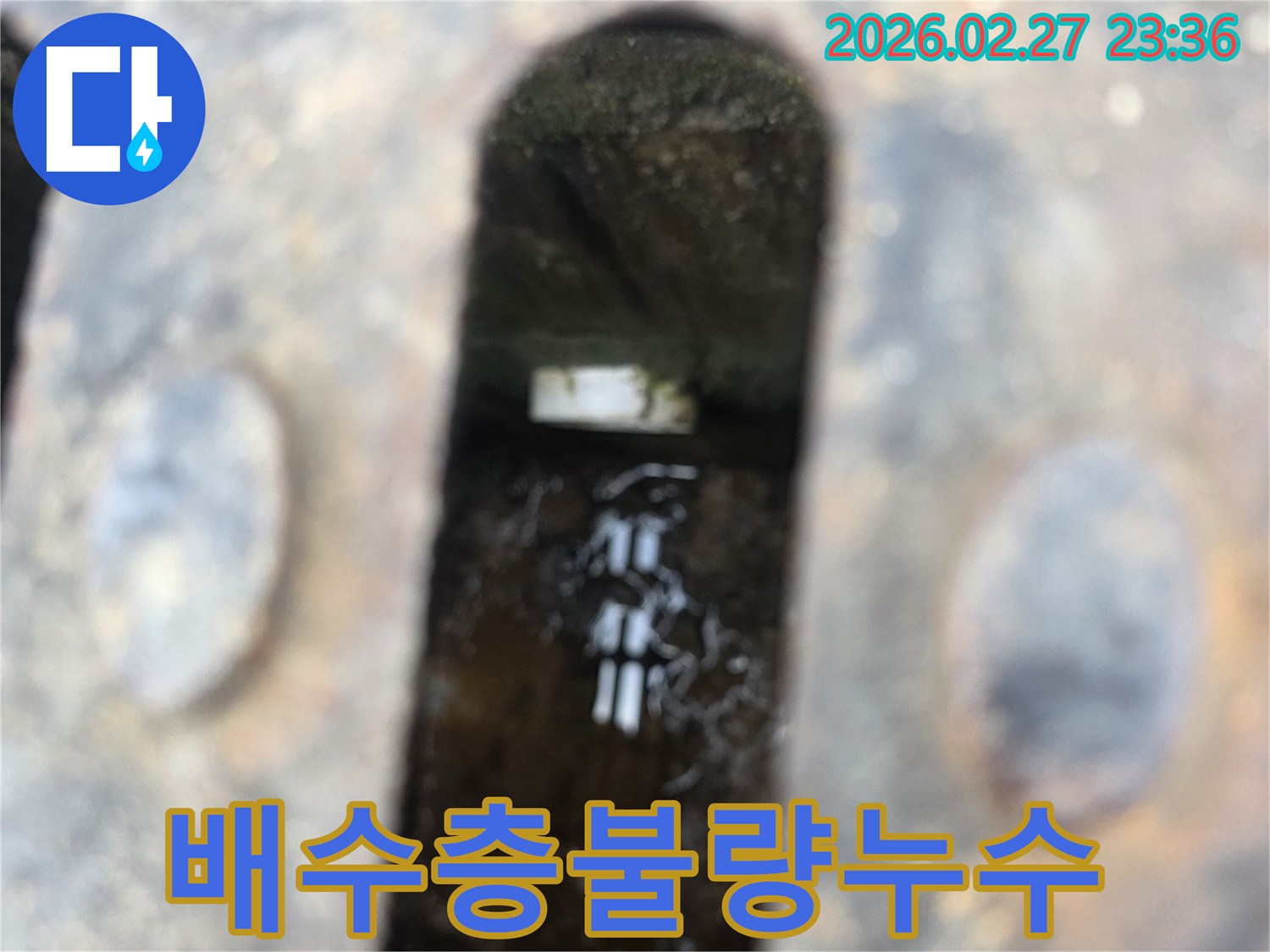 녹슨-철제-배수구-아래-고인-물과-물속에-비치는-빛이-보이는-지하-배관-주변-배수층-불량-현장