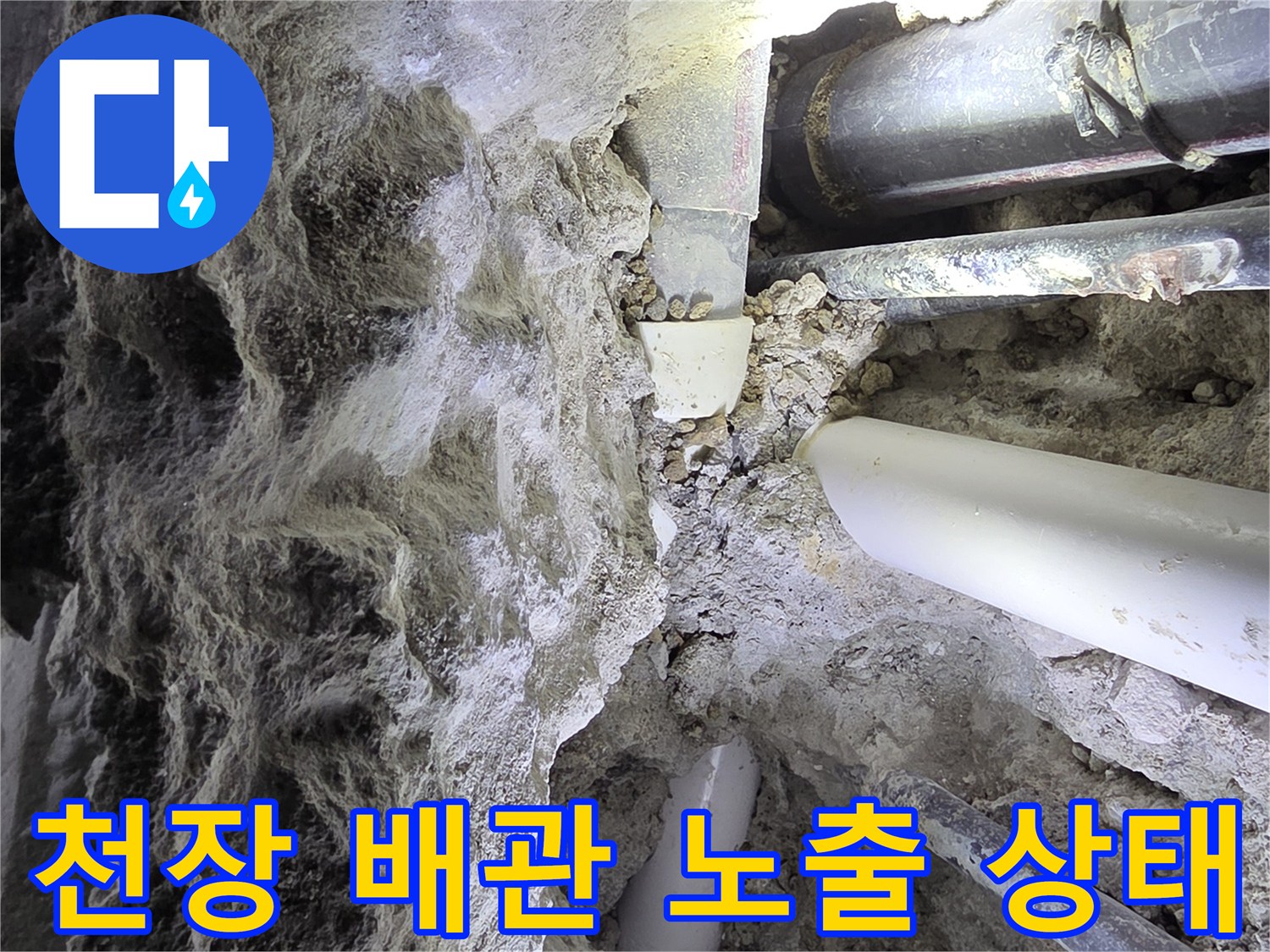 화장실 천장 내부-노출된 하수 배관과 오수관의 상태
