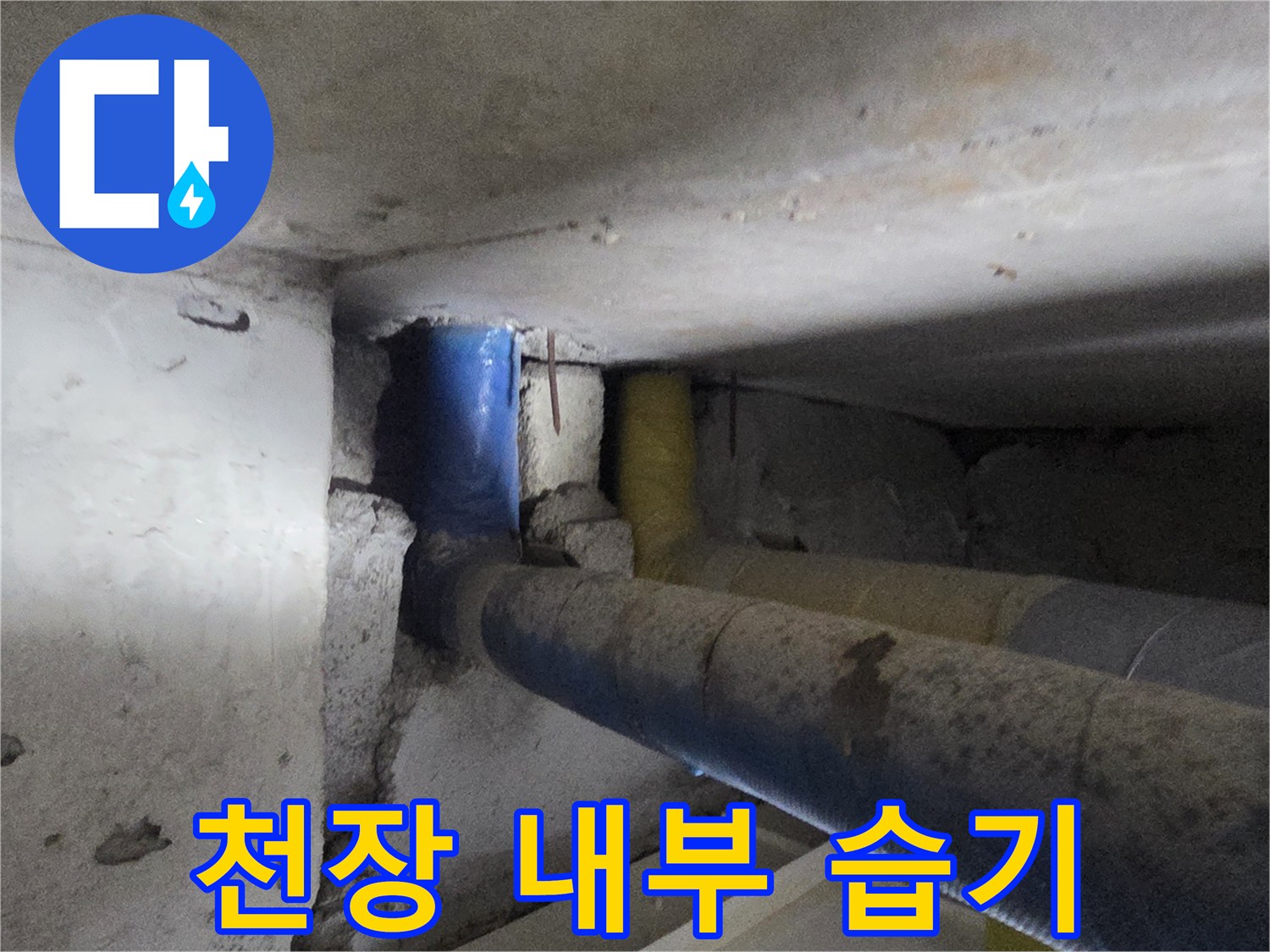 젖어있는-배관-보온재와-주변-천장-상태