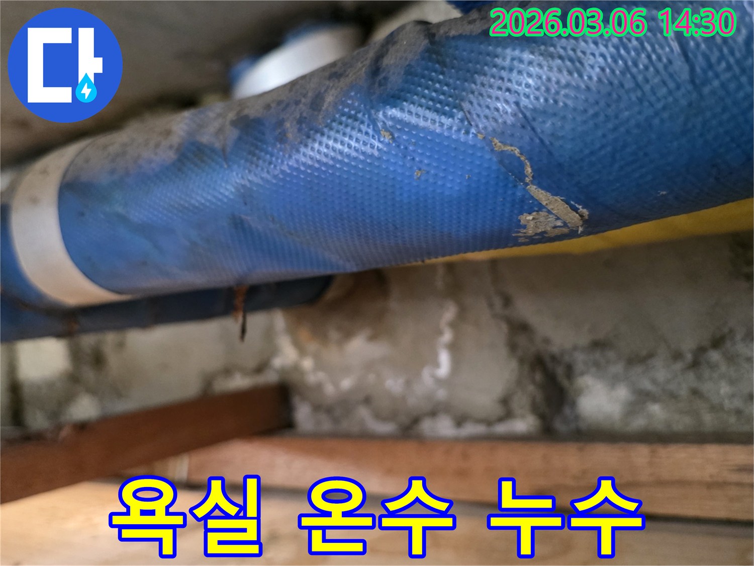아파트 욕실 하부-파란색 온수 배관과-젖은 콘크리트 벽면-그리고 나무 지지대를-꼼꼼히 점검하는 모습