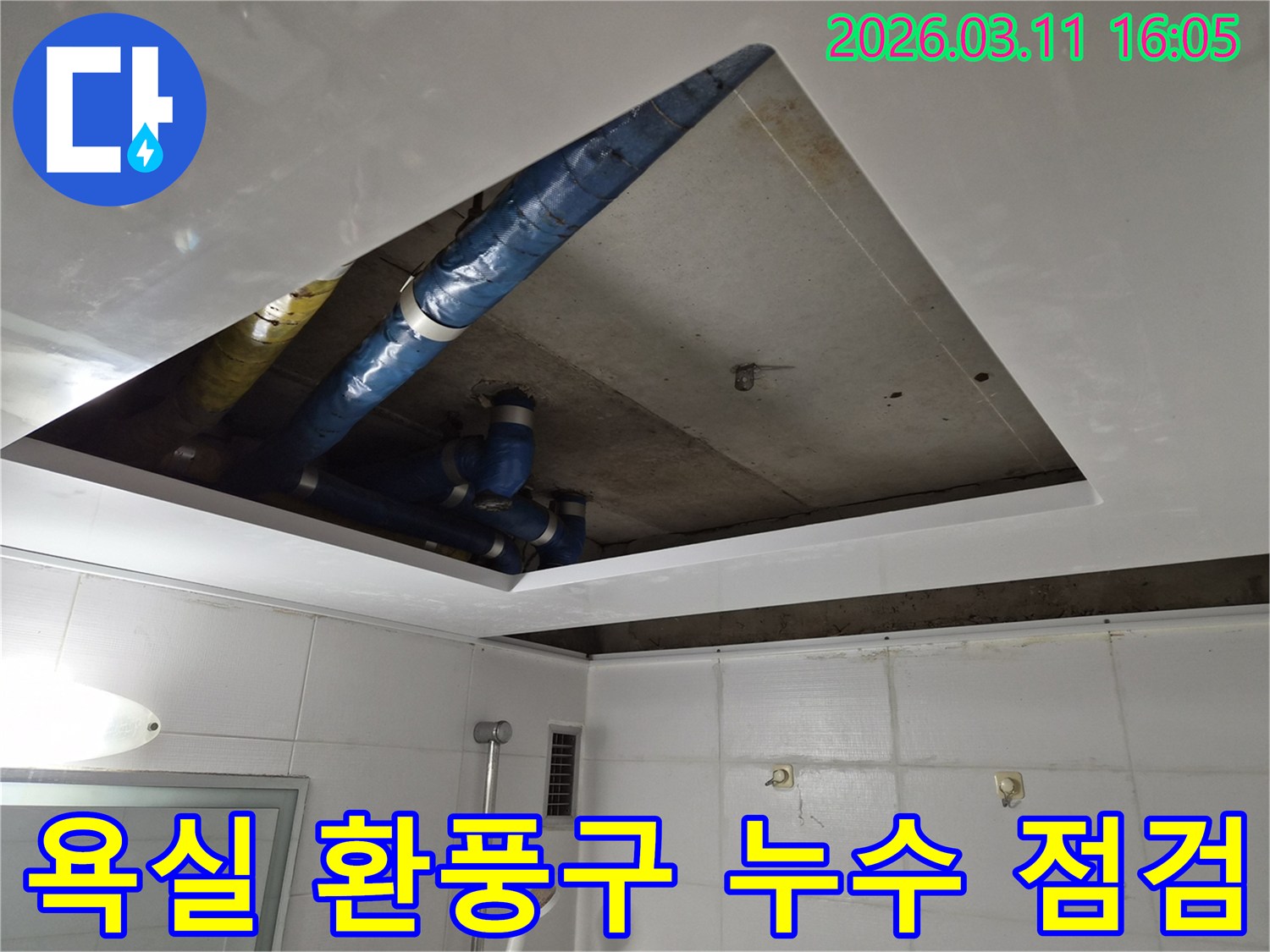 욕실-천장-환풍구-주변-누수-배관-점검-현장-파란색-파이프-확인