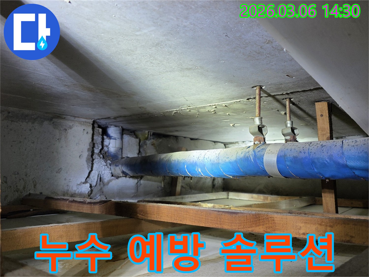 지하 공간의 파란색 배관과-손상된 콘크리트 벽면을-누수 엔지니어가-미래를 위한 누수 예방 솔루션을-제안하기 위해 점검하는 모습