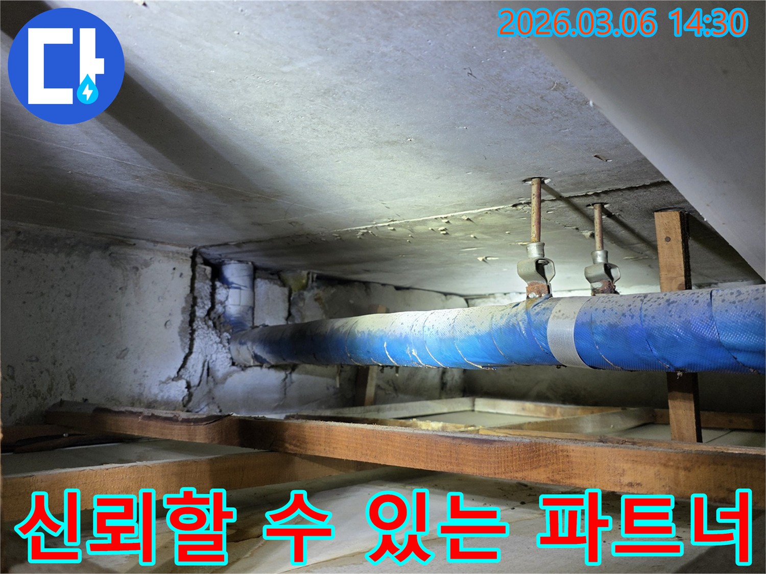 지하 공간의 파란색 배관과-손상된 콘크리트 벽면을-누수 엔지니어가-점검하며 신뢰할 수 있는-파트너로서의 역할을 다하는 모습