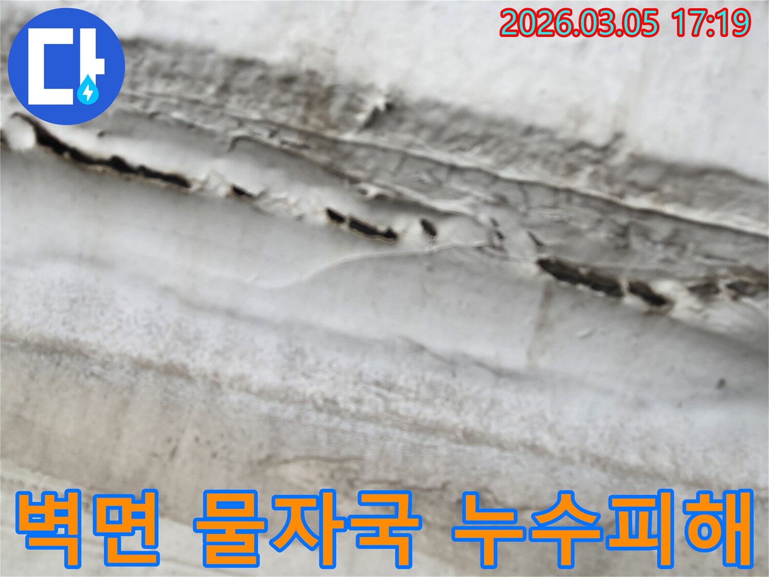 오랜 시간 누적된 물자국-벽면 마감재의 손상-누수 복구 전 현장 모습