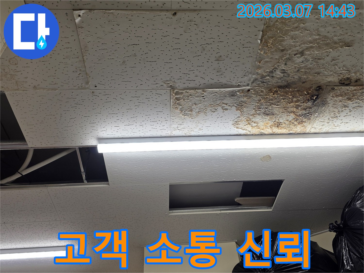 누수로-손상된-천장 텍스-현장을-보여주며-누수 공사-전-과정에서-고객과의-투명한-소통과-신뢰-구축의-중요성을-강조하는-사진입니다