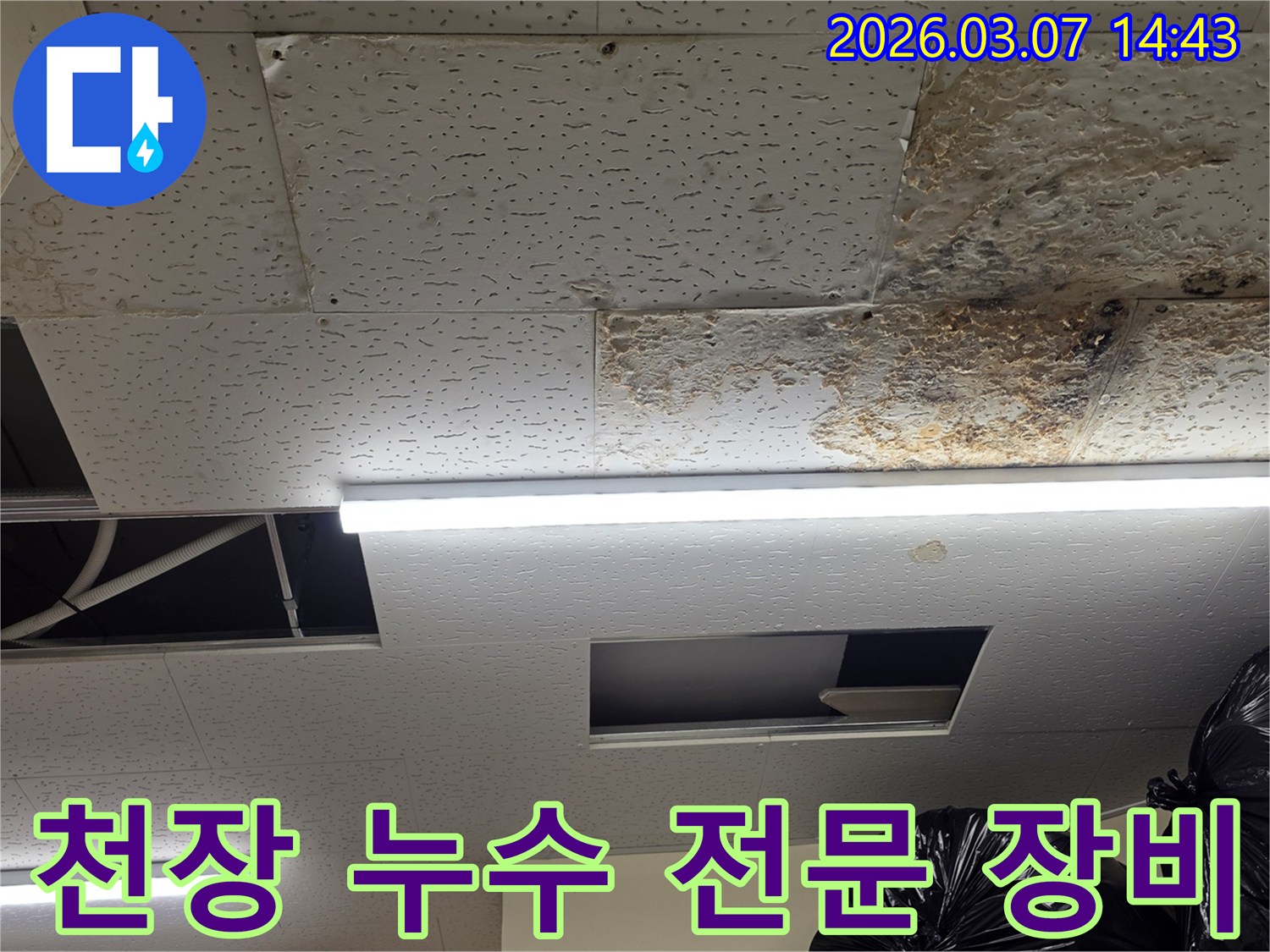 천장 마감재가-누수로 인해-손상된-현장을-전문 장비를-이용하여-정확하게-탐지하는-모습을-담은-사진입니다