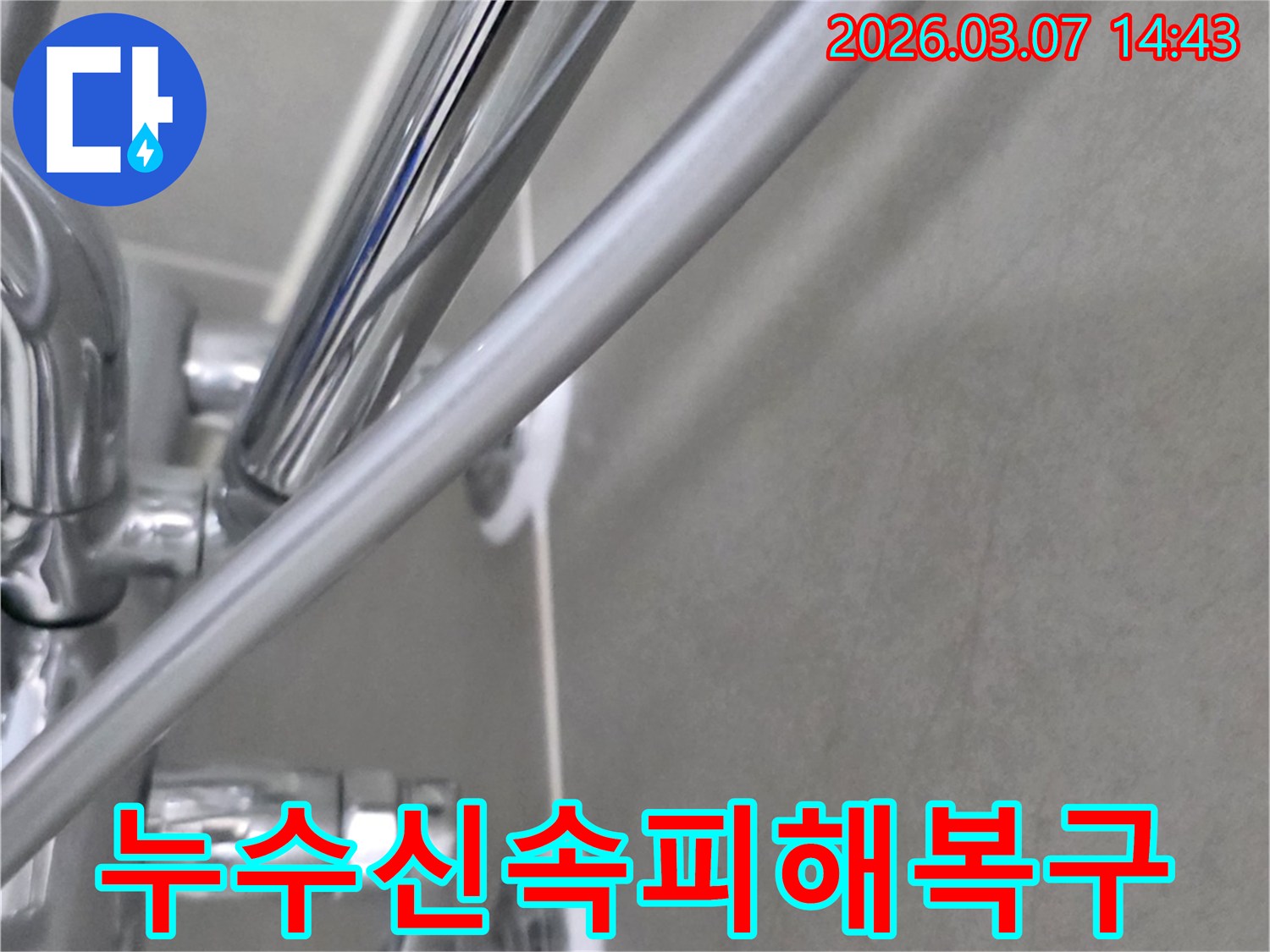 철원읍 금학로 빌라 욕실의-누수 피해를 신속하게-복구하는 공사 현장의-모습을 담고 있습니다