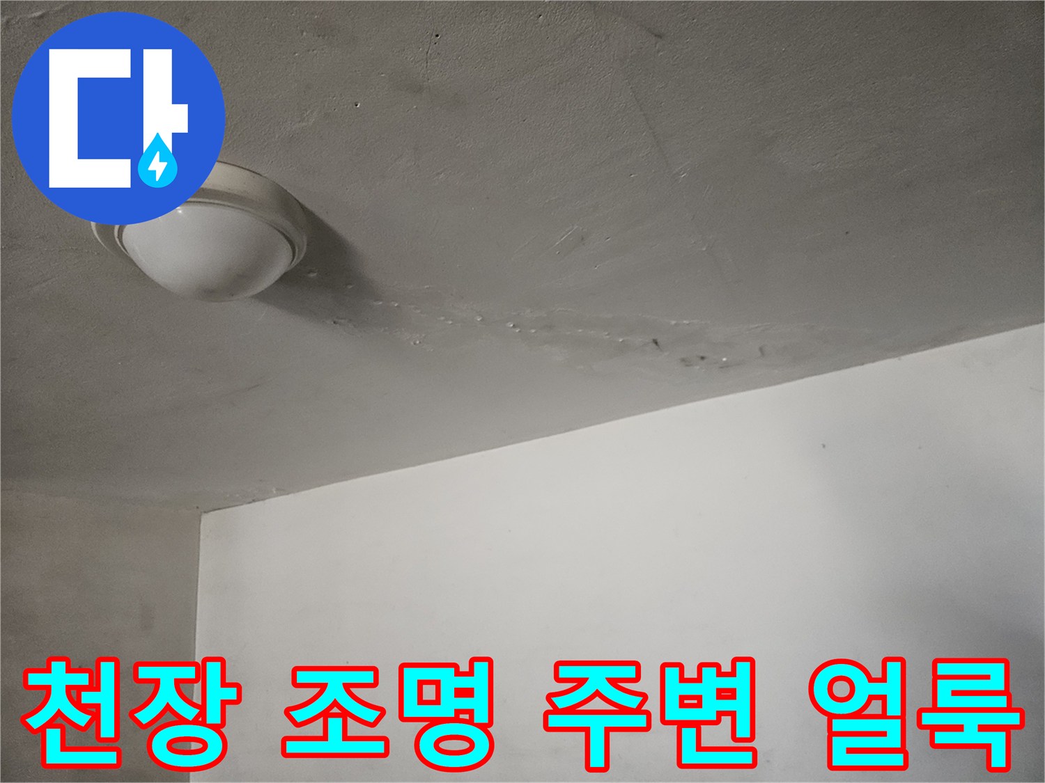 천장 전등 근처에 나타난 물샘 흔적과 습기 상태