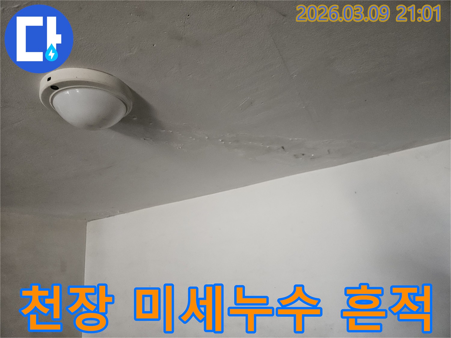 천장-조명-주변에-물이-새어-나와-미세하게-젖은-자국이-보이는-누수-현장입니다