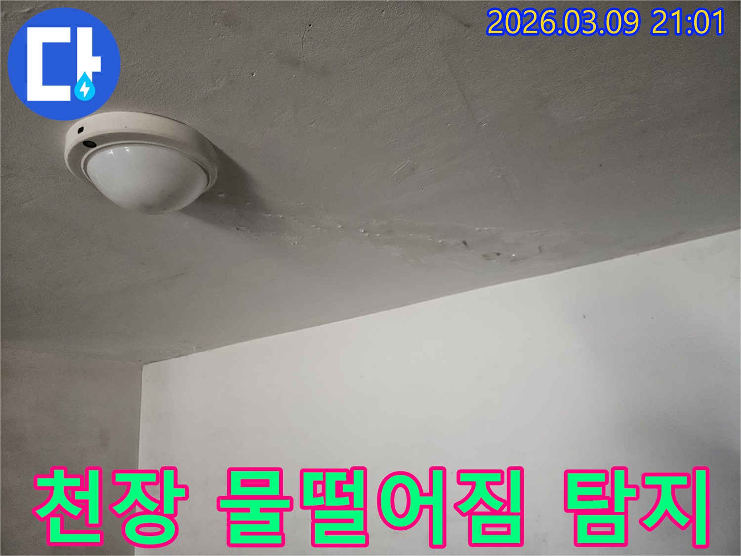 천장-조명-주변에서-물이-떨어지는-모습과-젖은-자국이-보이는-곳으로-효율적인-누수-탐지-방법이-필요한-현장입니다