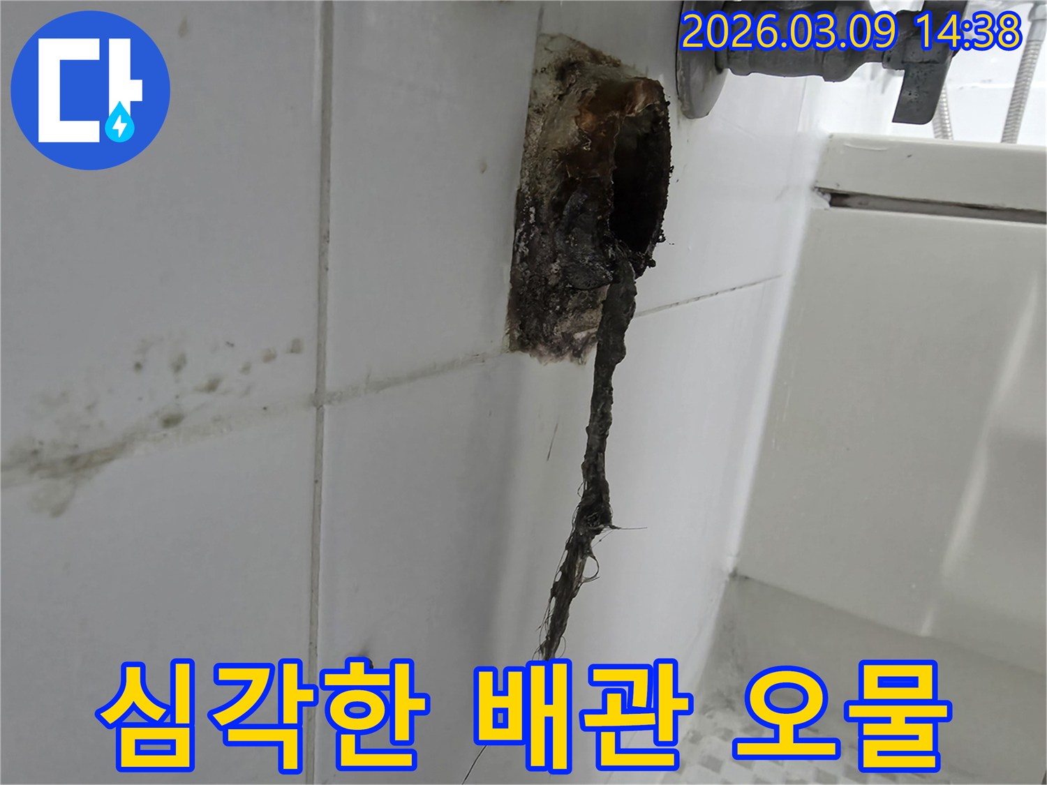 배수구 구멍에서-검은색-이물질이-길게-늘어져-나온-문제의-현장-사진입니다.