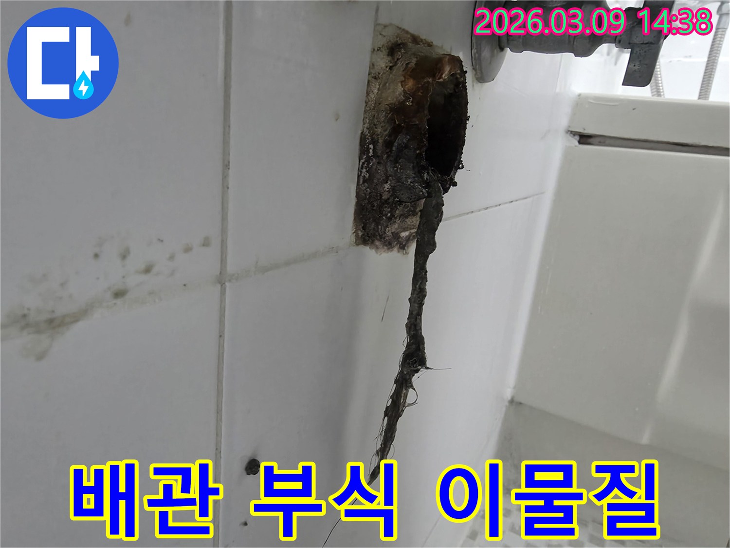 타일 벽면 옆-배수관에서-오염된-물과-이물질이-흘러나오는-위생적이지 못한-상황입니다.