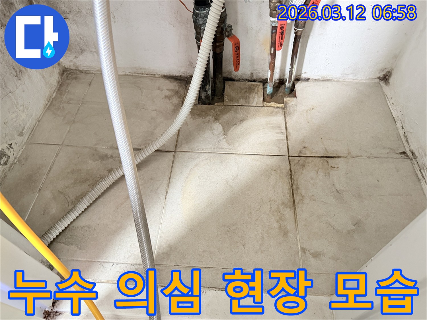 배관과-벽면-주변-타일의-젖은-흔적과-곰팡이가-보이는-누수-의심-현장-사진