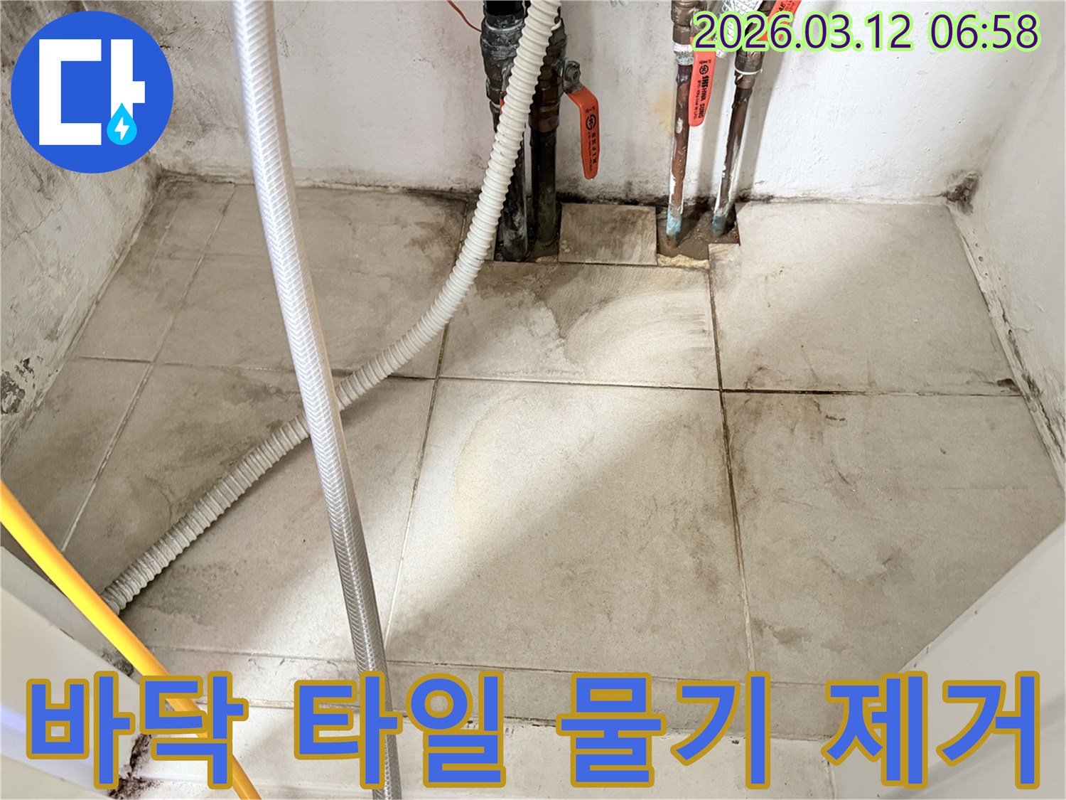 오염되고-젖은-바닥-타일과-줄눈의-상태를-보여주는-누수-현장-사진