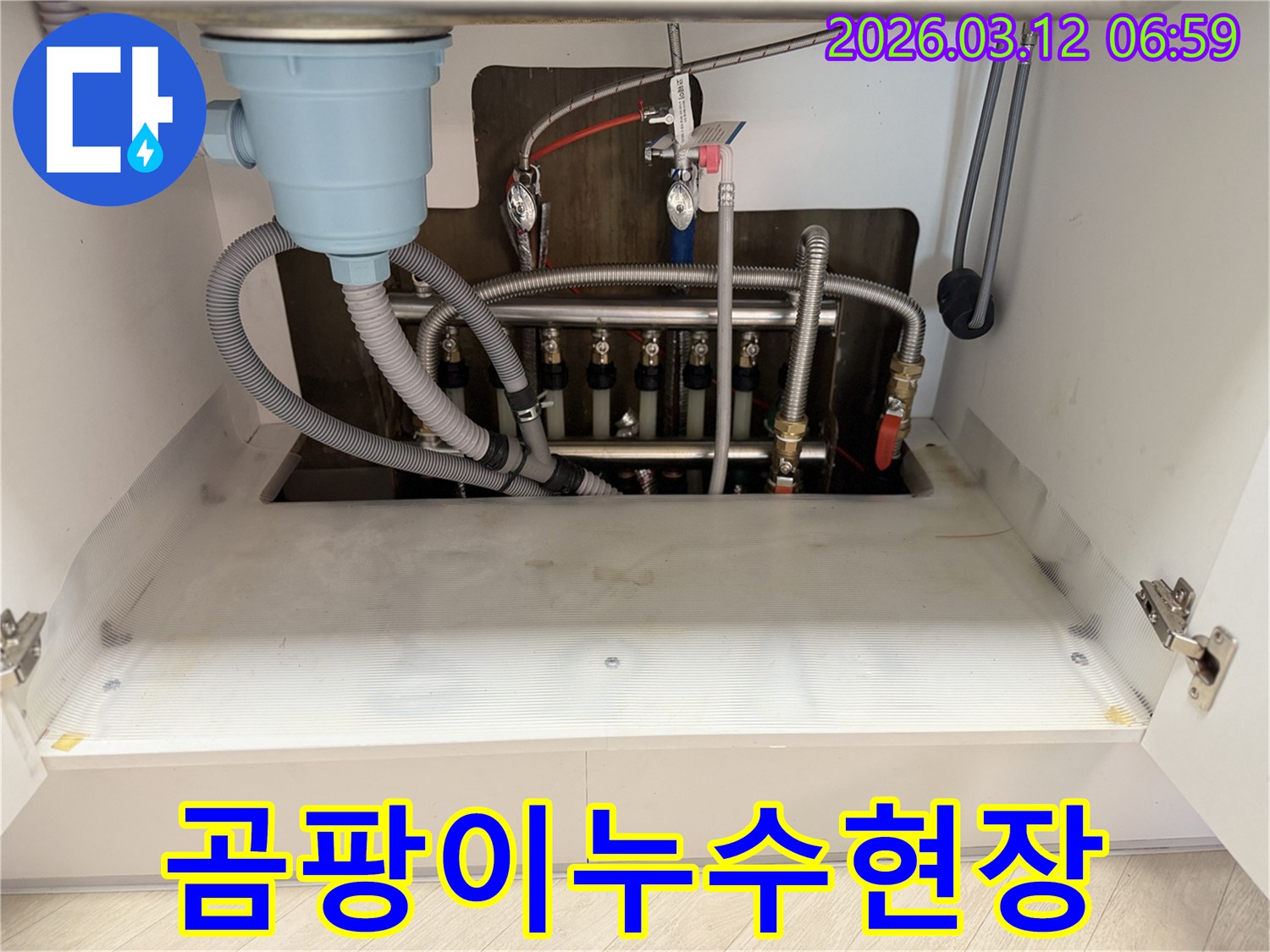 주방-싱크대-하부-곰팡이-발생-현장에서-누수-원인을-찾고-곰팡이-제거를-위해-점검하는-모습입니다.