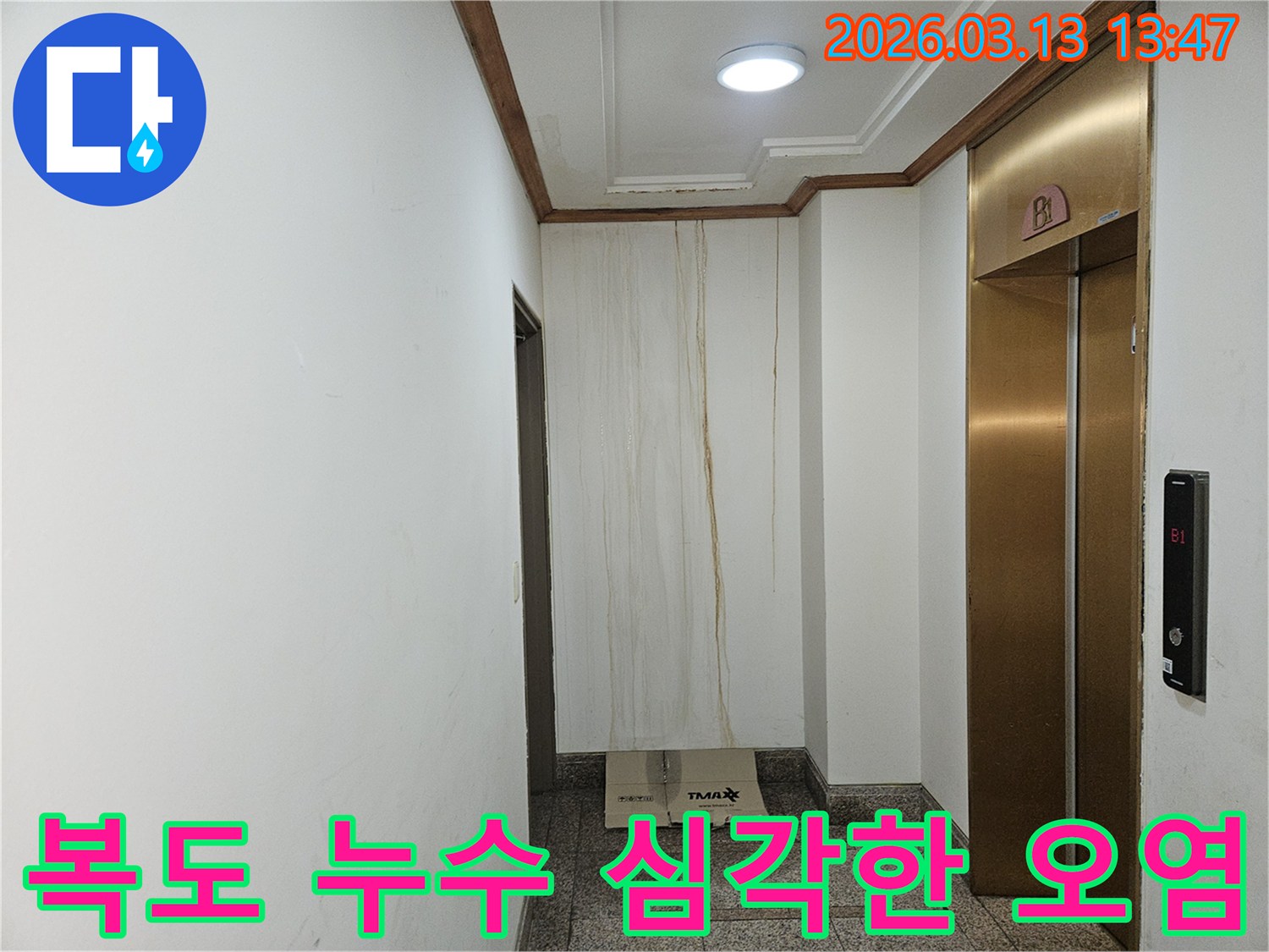 이 이미지는 아파트 복도 벽면에 물이 흘러내려-심각하게 오염된 모습을 담고 있습니다-천장 부근에서 시작된 누수 흔적이 뚜렷합니다