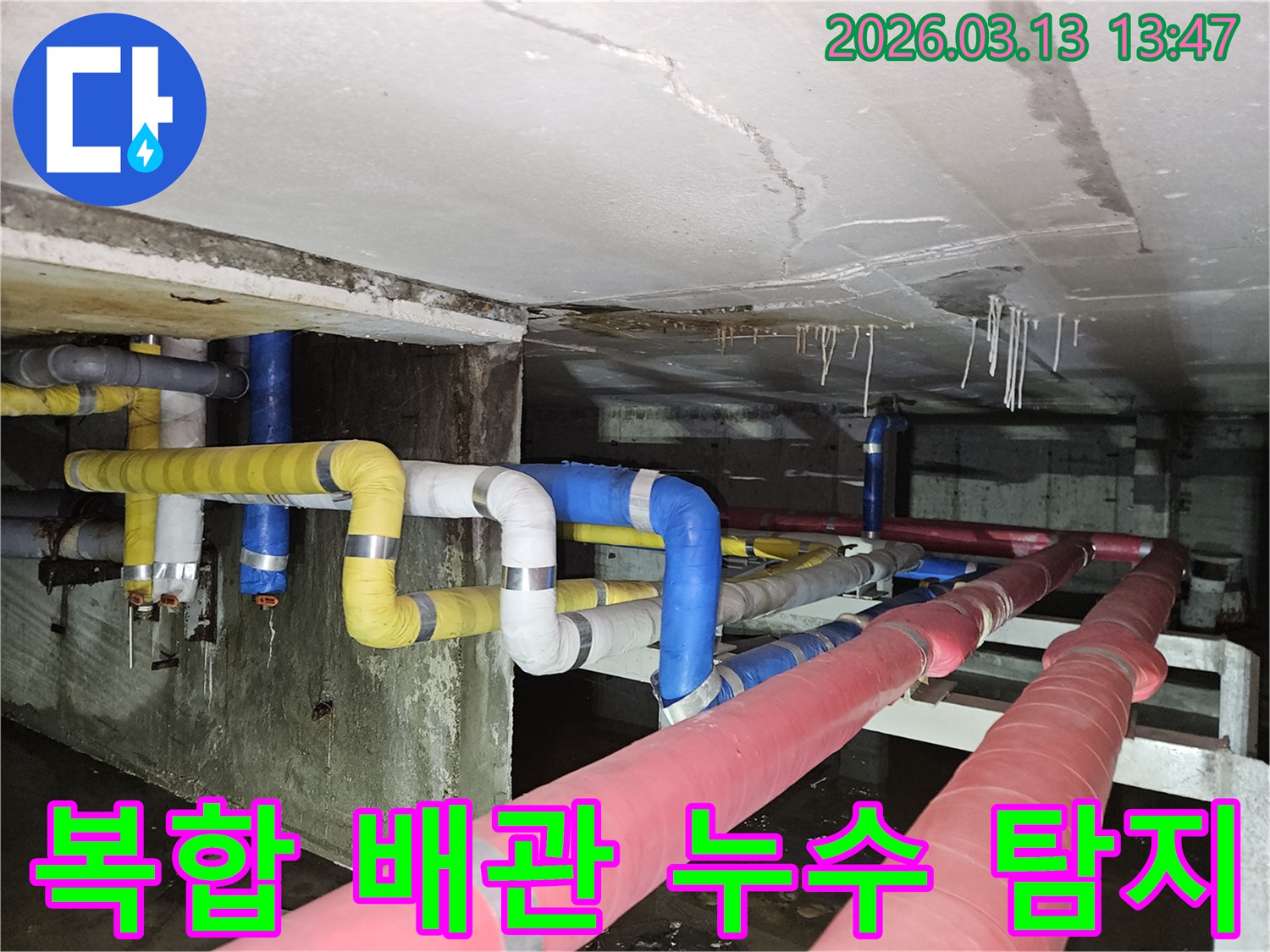 지하 공간의-다양한 색상의-배관들 사이에서-누수가 발생하여-천장과 바닥에-물이 고인 현장을-보여주는 이미지