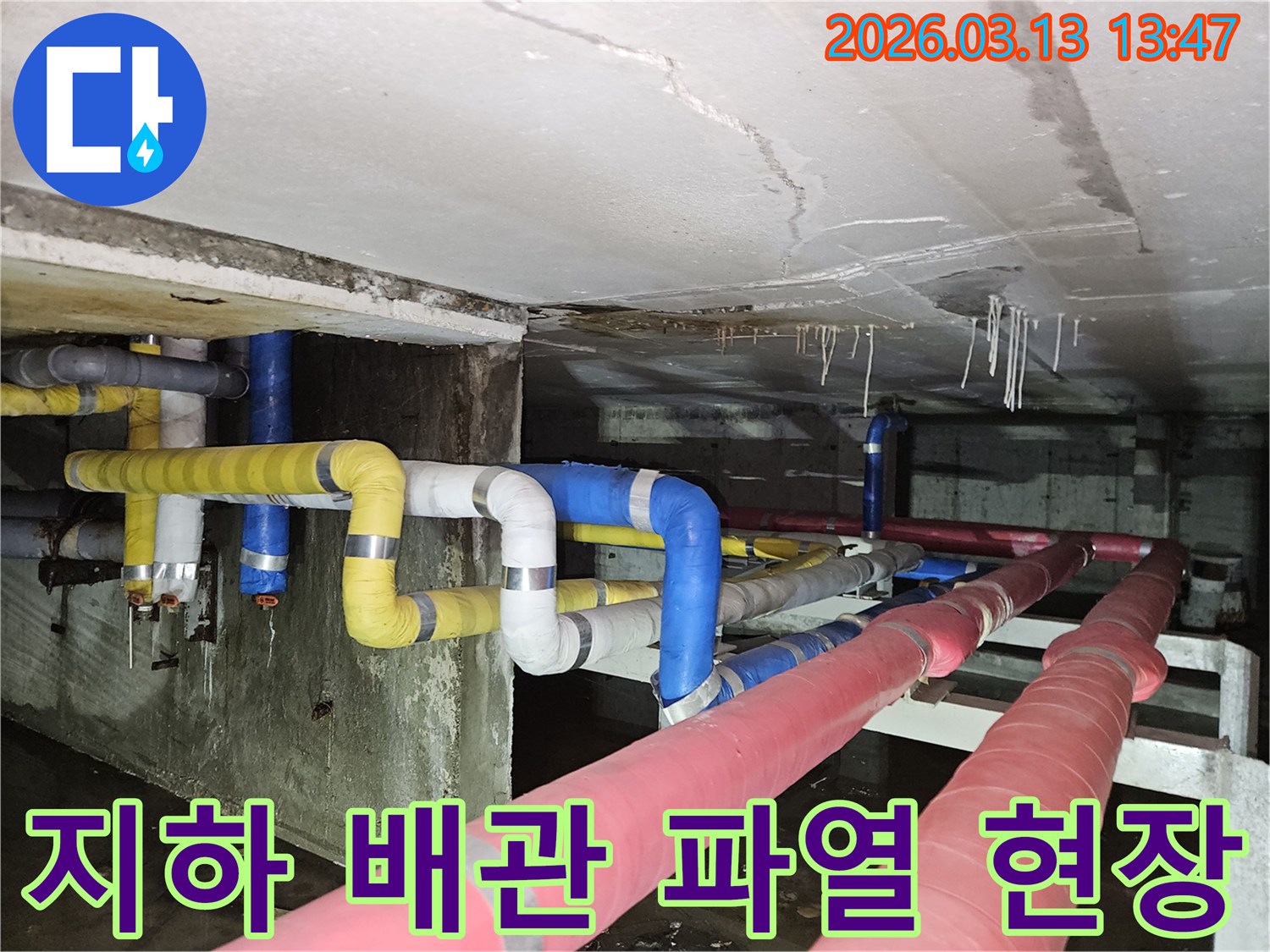지하 천장 배관에서-물이 쏟아져-바닥에 깊게 고인-심각한 누수 상황을-보여주는 현장 사진