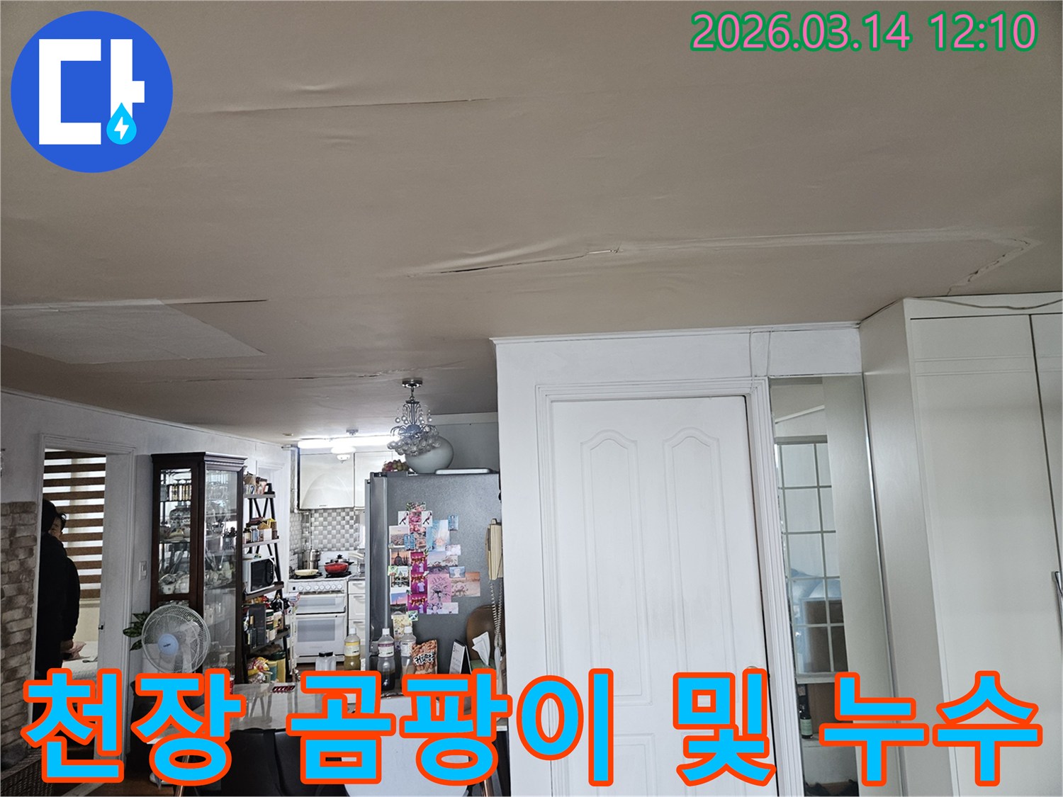 이 사진은 주거 공간 천장의-광범위한 누수 피해와-그로 인한 곰팡이 발생을-보여주고 있습니다-천장 마감재의 변색과-처짐 현상이-동시에 나타나-복합적인 문제 해결을 위한-정밀 진단이-요구됩니다