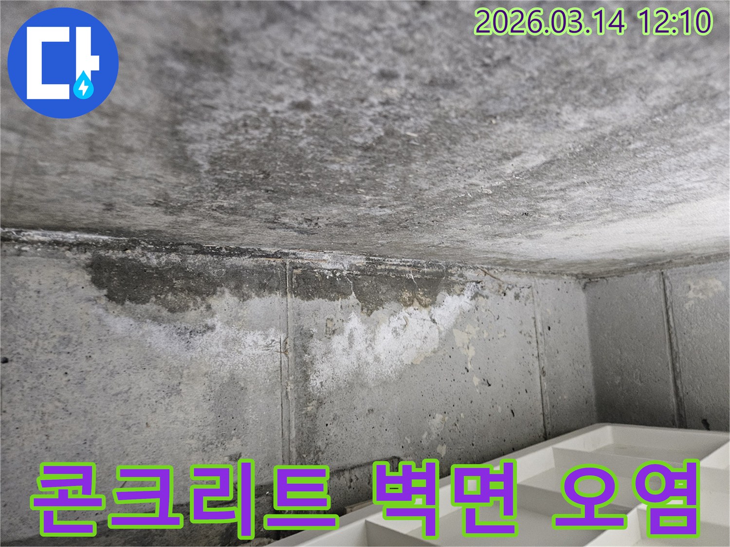 콘크리트-천장과-벽면-경계에서-발견된-누수-흔적과-습기-오염