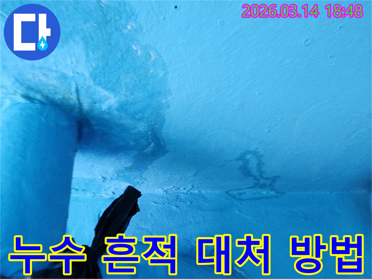 파란색-천장-일부에-물에-젖어-변색되고-페인트가-손상된-누수-현장-사진입니다
