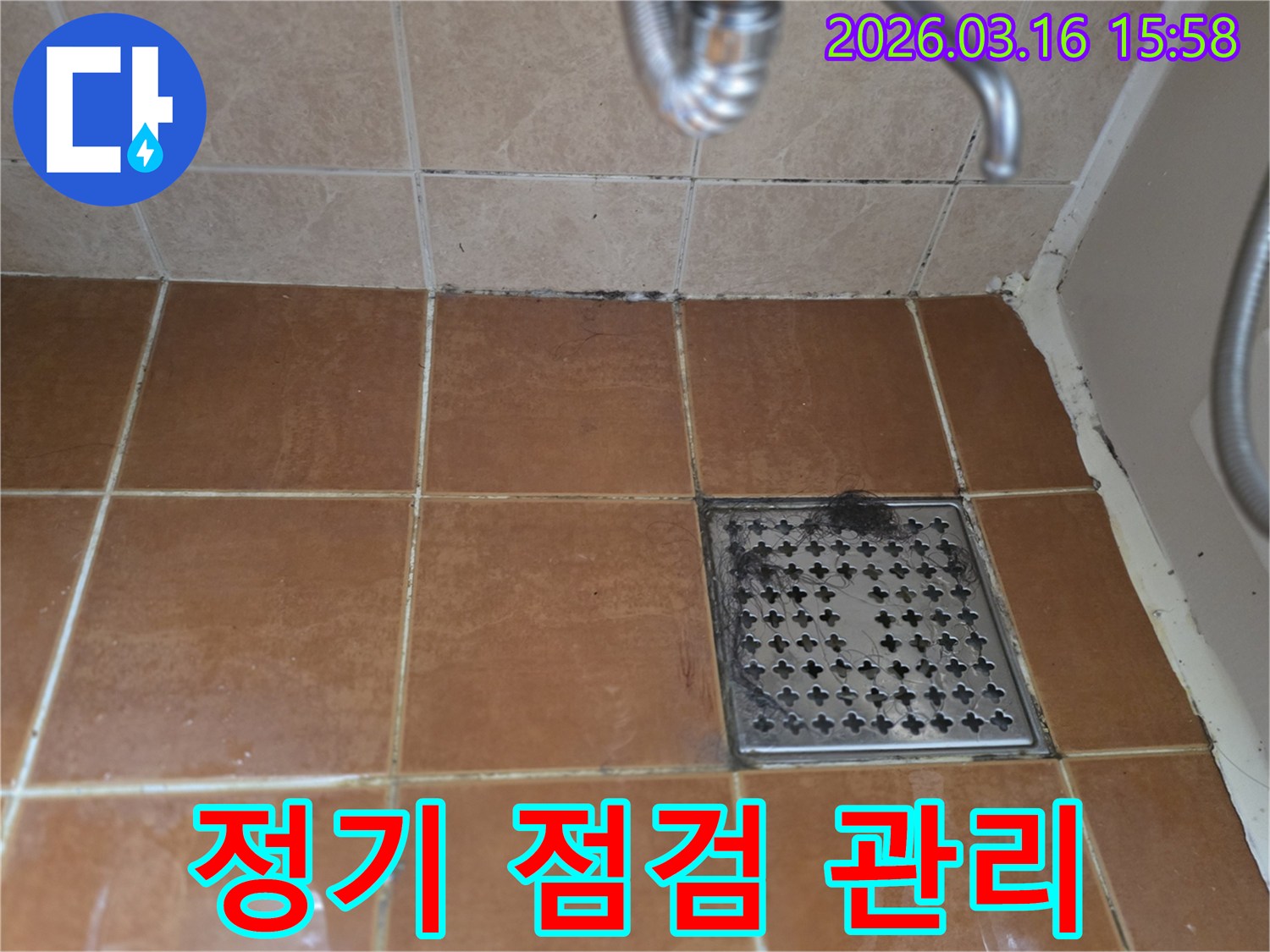 오염되고 노후된-욕실 바닥 타일과-줄눈-배수구의 머리카락이-정기적인 유지보수와-관리의 중요성을-보여주는 이미지입니다