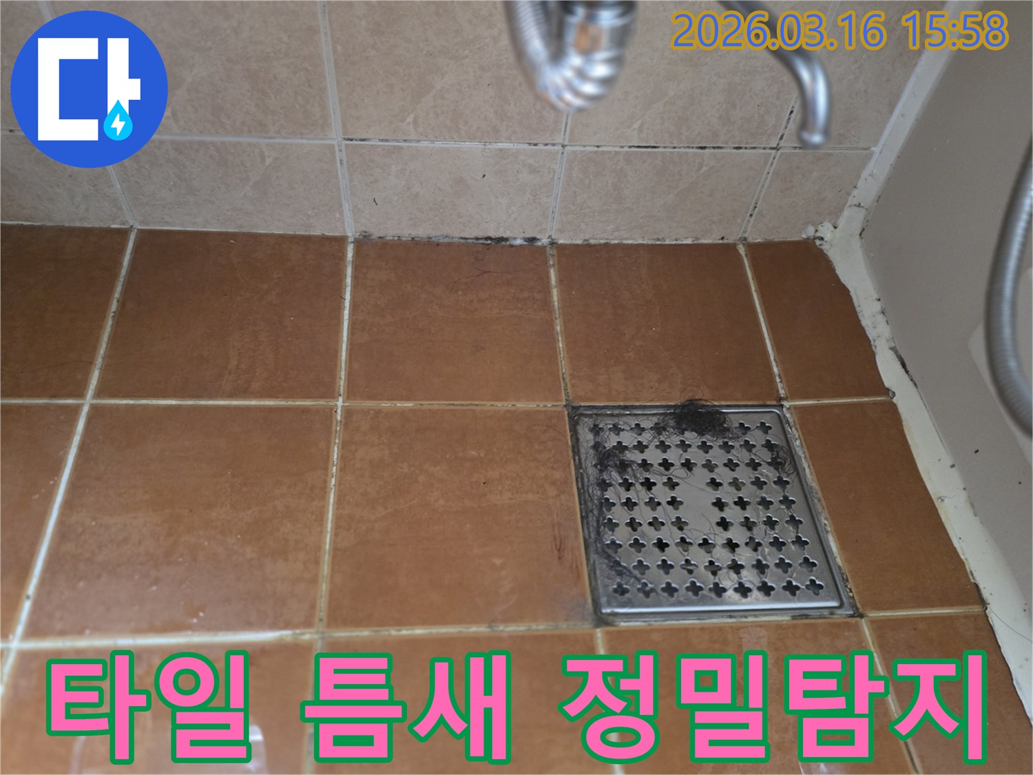 욕실 바닥 타일의-오염된 줄눈과-배수구 주변의-상태를 통해-미세한 틈새 누수를-정밀 탐지하는-현장 이미지입니다