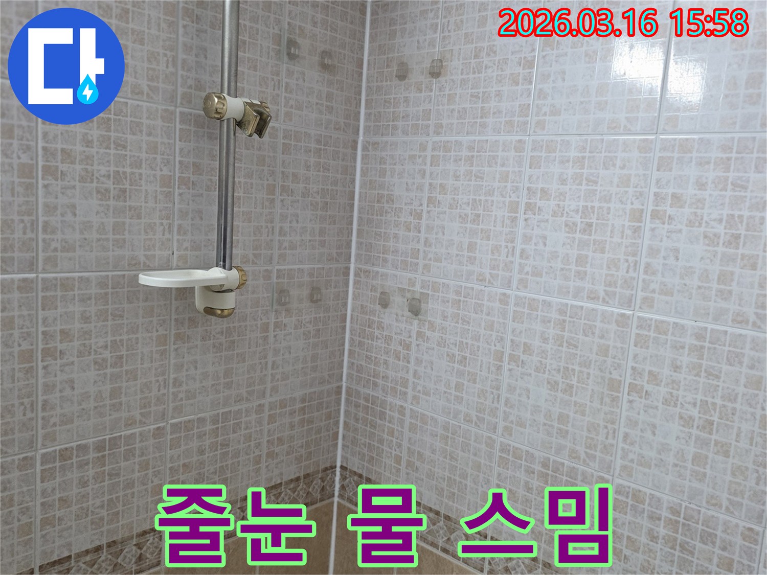 욕실 천장 타일 줄눈을 통해 물이 스며들어-얼룩이 생긴 현상을 누수 전문가가 확인하는 모습