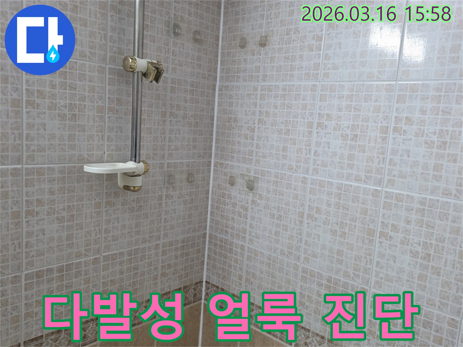 욕실 천장 타일에 여러 개 생긴-물 얼룩을 누수 전문가가-복합적인 누수 원인을 진단하며 분석하는 모습