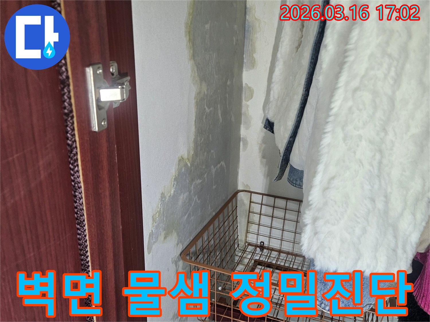 벽면 하단에- 물이 새어- 얼룩지고- 곰팡이가 피어있는- 누수 현장