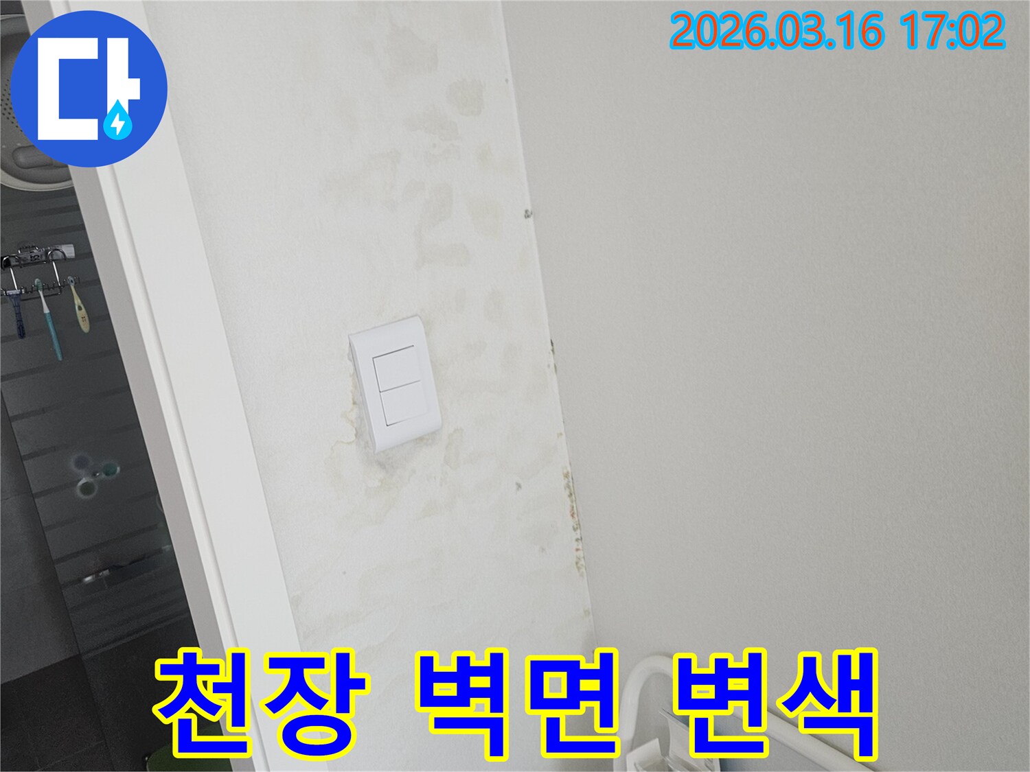 욕실-천장과-벽면에-누수로-인한-변색이-확인되어-근본적인-누수-원인-파악과-해결책-제시가-필요합니다