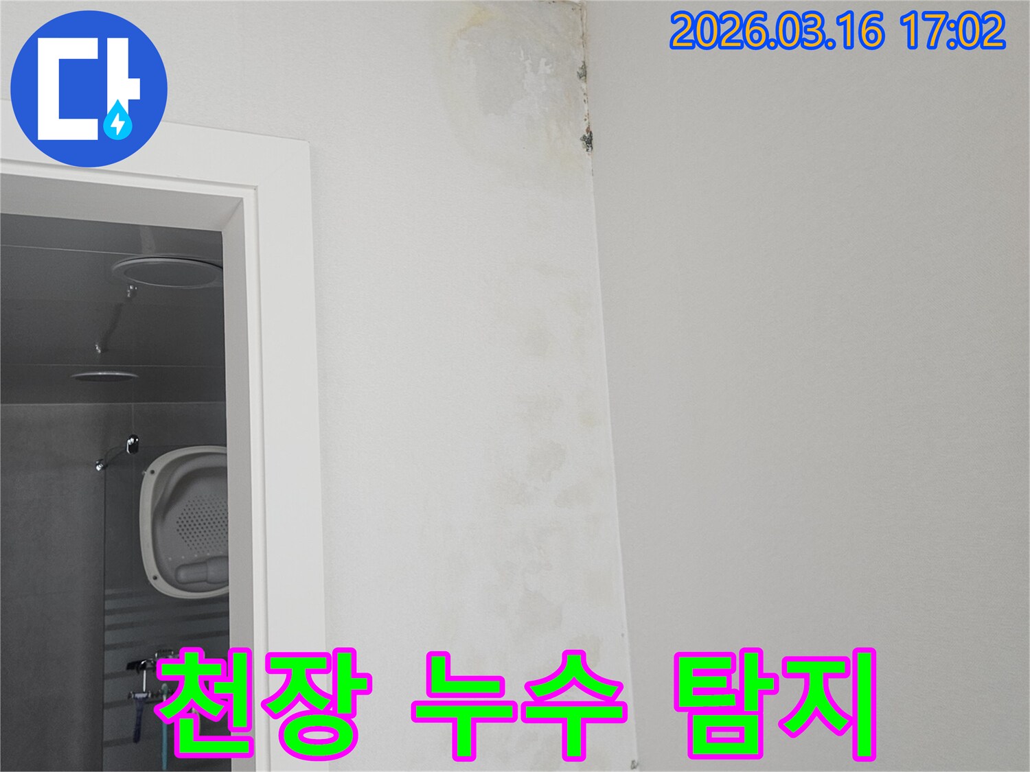 천장과 벽이 만나는-모서리 부분에-누수로 인한-물자국과 곰팡이가-보이는 것을-정밀하게 탐지하는 현장 사진입니다.