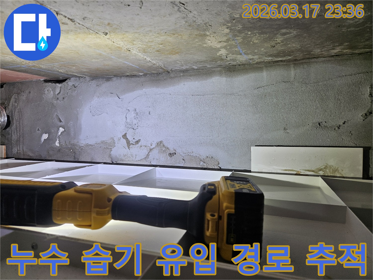 누수 전문 엔지니어가-천장 누수로 인한-습기 유입 경로를-플래시로 비춰-정밀하게 추적하고 있습니다.