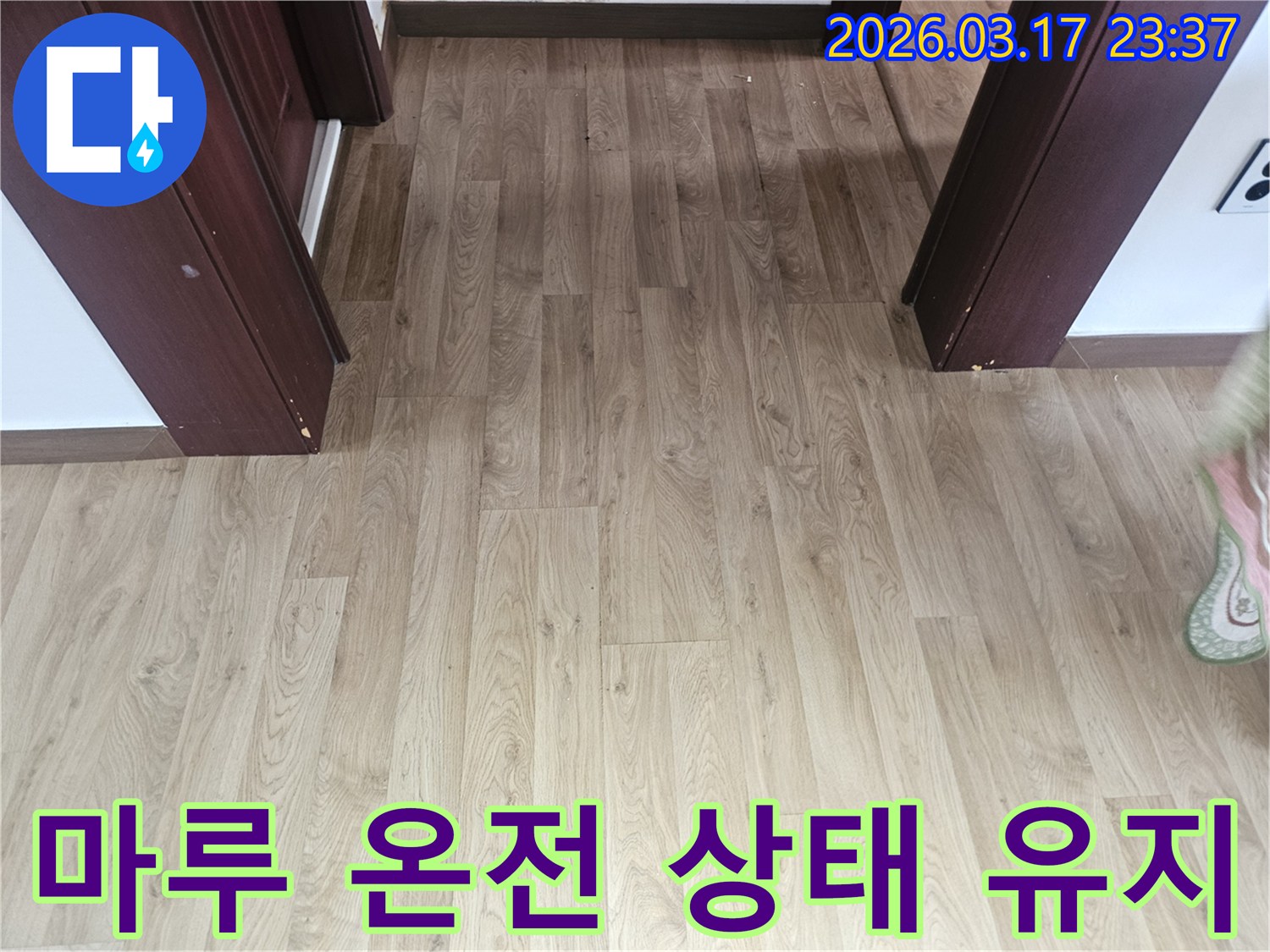 누수로 인한 바닥 마루의-손상을 방지하고-온전한 상태를 유지하기 위한-점검 과정을 보여주는 사진입니다.